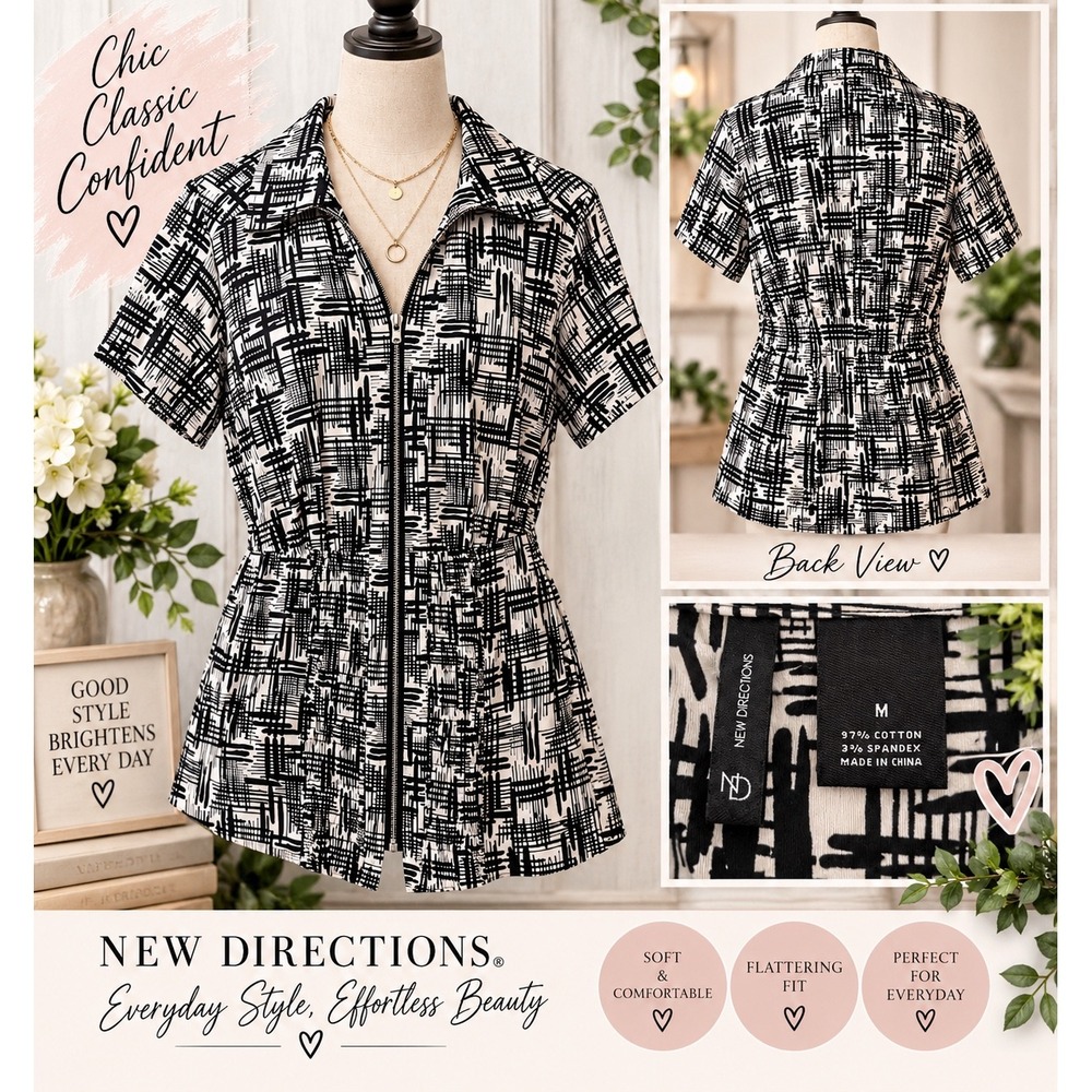 New Directions Womens Medium Black White Abstract Zip Front Smocked Waist Top